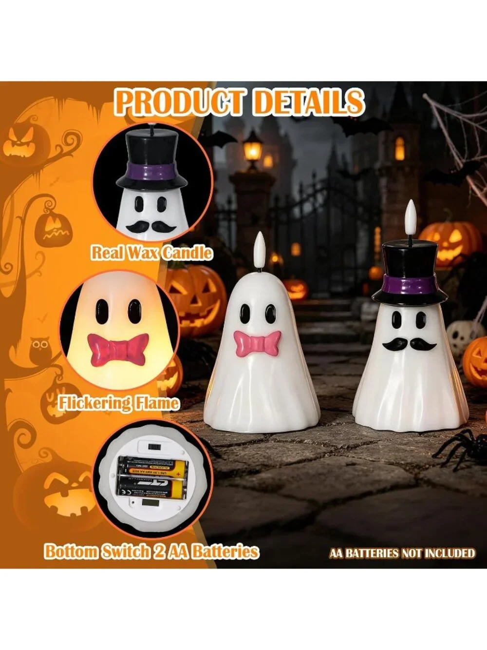 2PCS Halloween Hand Painted Ghost Flameless Candles 6H Timer Real Wax Indoor